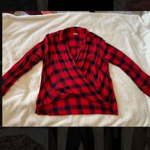 Hollister Red Plaid Faux Wrap Cropped Blouse